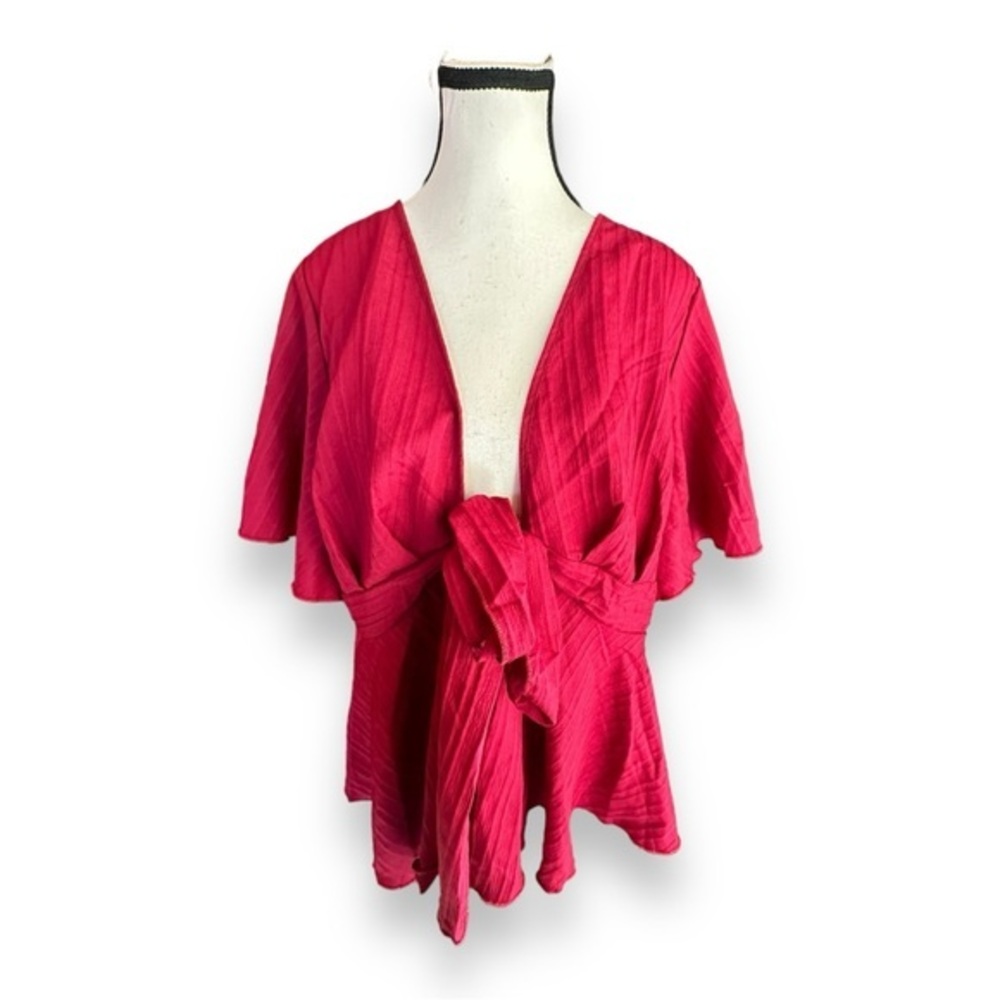Women’s 2X Deep Red Flutter Sleeve Tie Front Open Peplum 18 20 XXL
